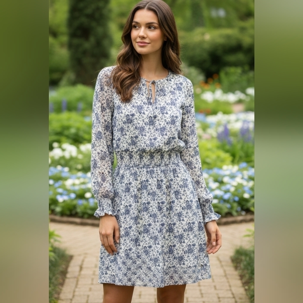 Dip Easy Utility Floral Tie-Neck Women's Dress Long Sleeves Size L NWT